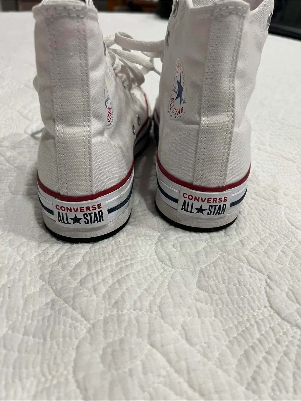 Converse Kids White High Top Sneakers with Red & Blue Trim